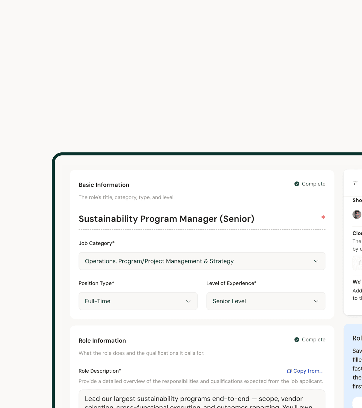 The Canopy role editor, with structured basic-information and role-description fields