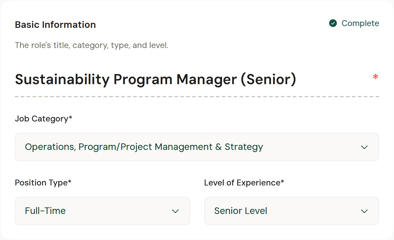 The role editor: title, category, position type and level