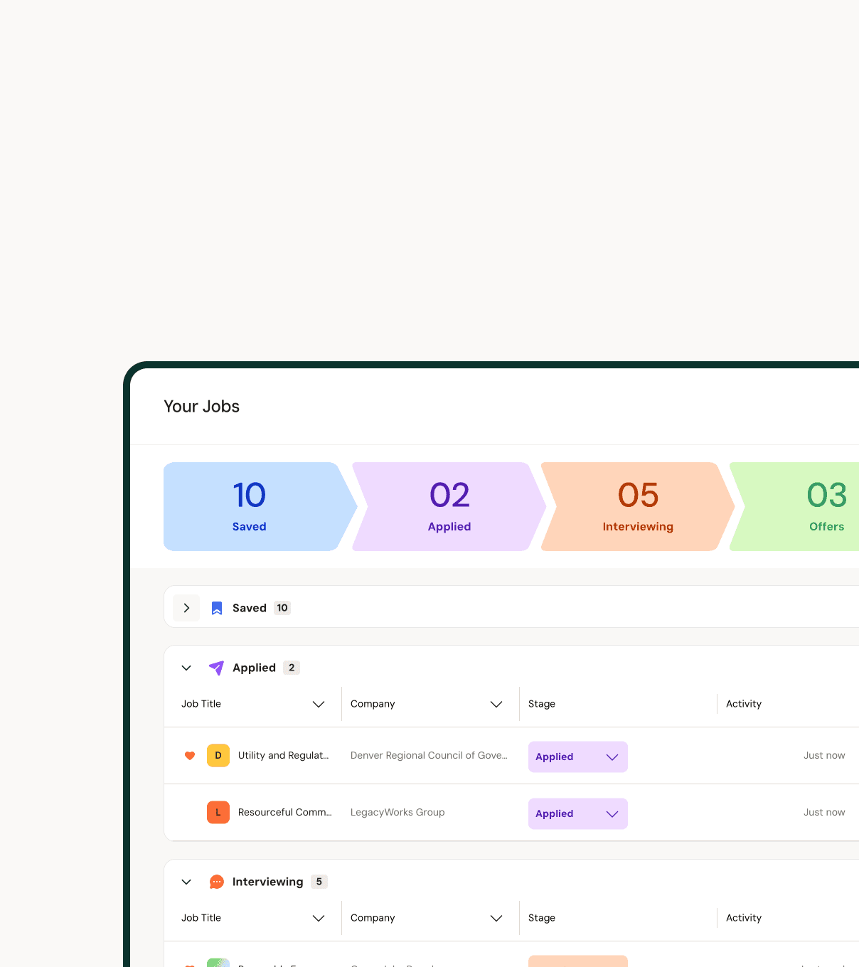 The Your Jobs application tracker
