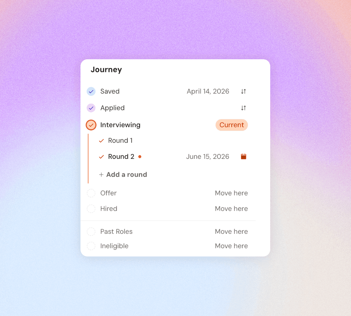 A tracked application with notes and a journey timeline