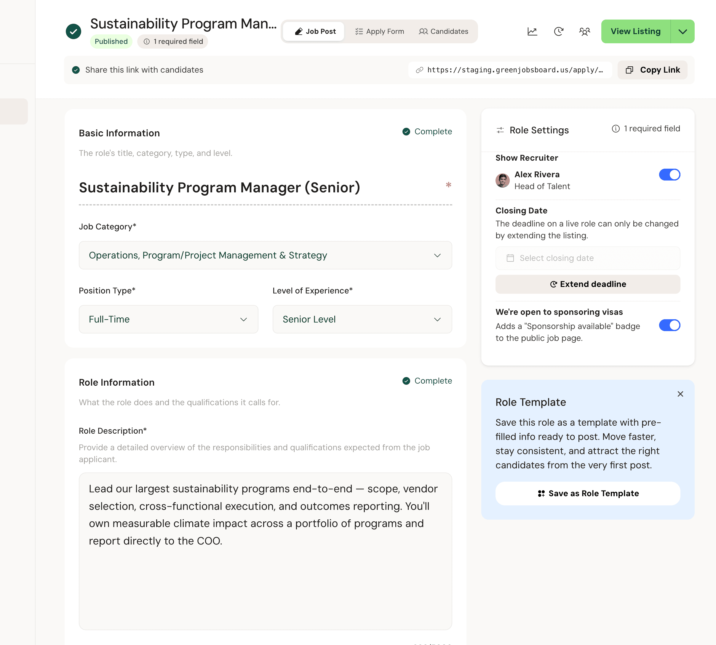 Role editor with structured basic information and role description fields
