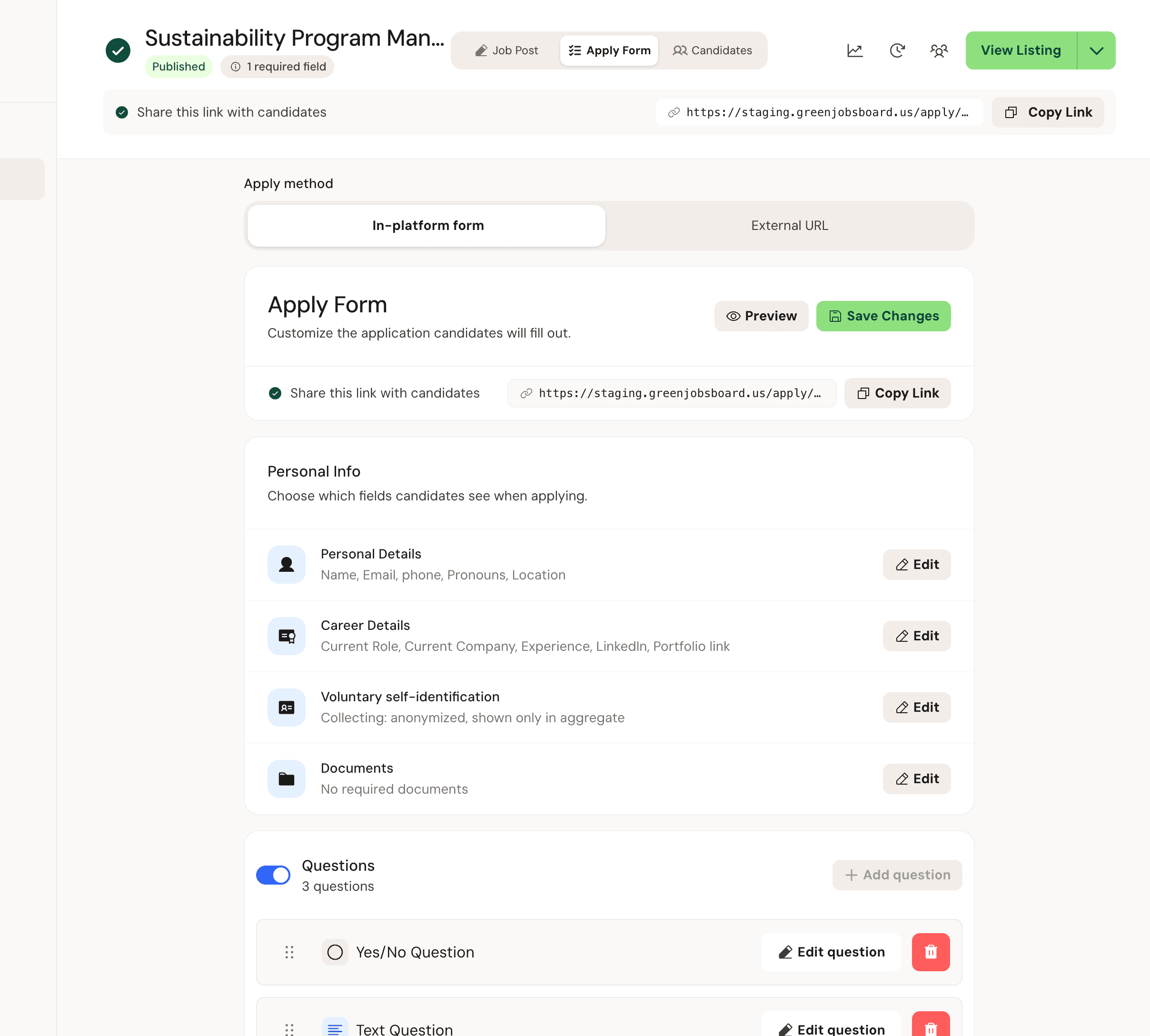 Application form builder with personal info sections and custom questions