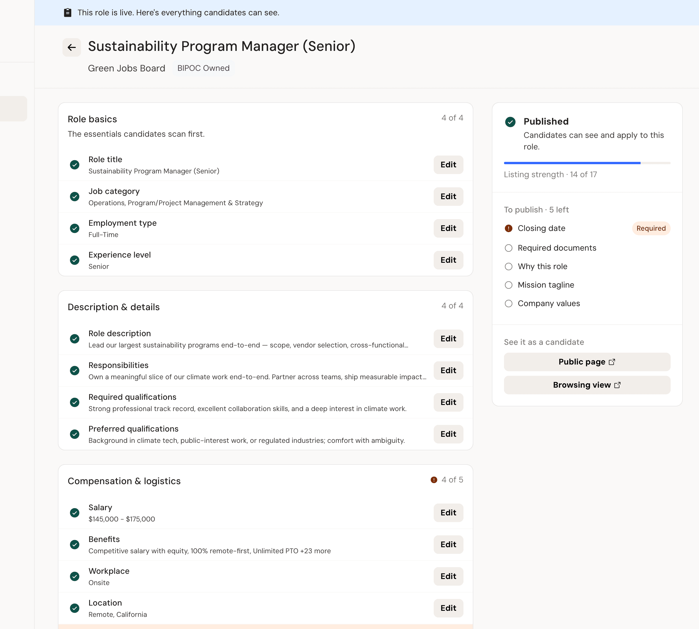 Publish review screen showing everything candidates can see with listing strength