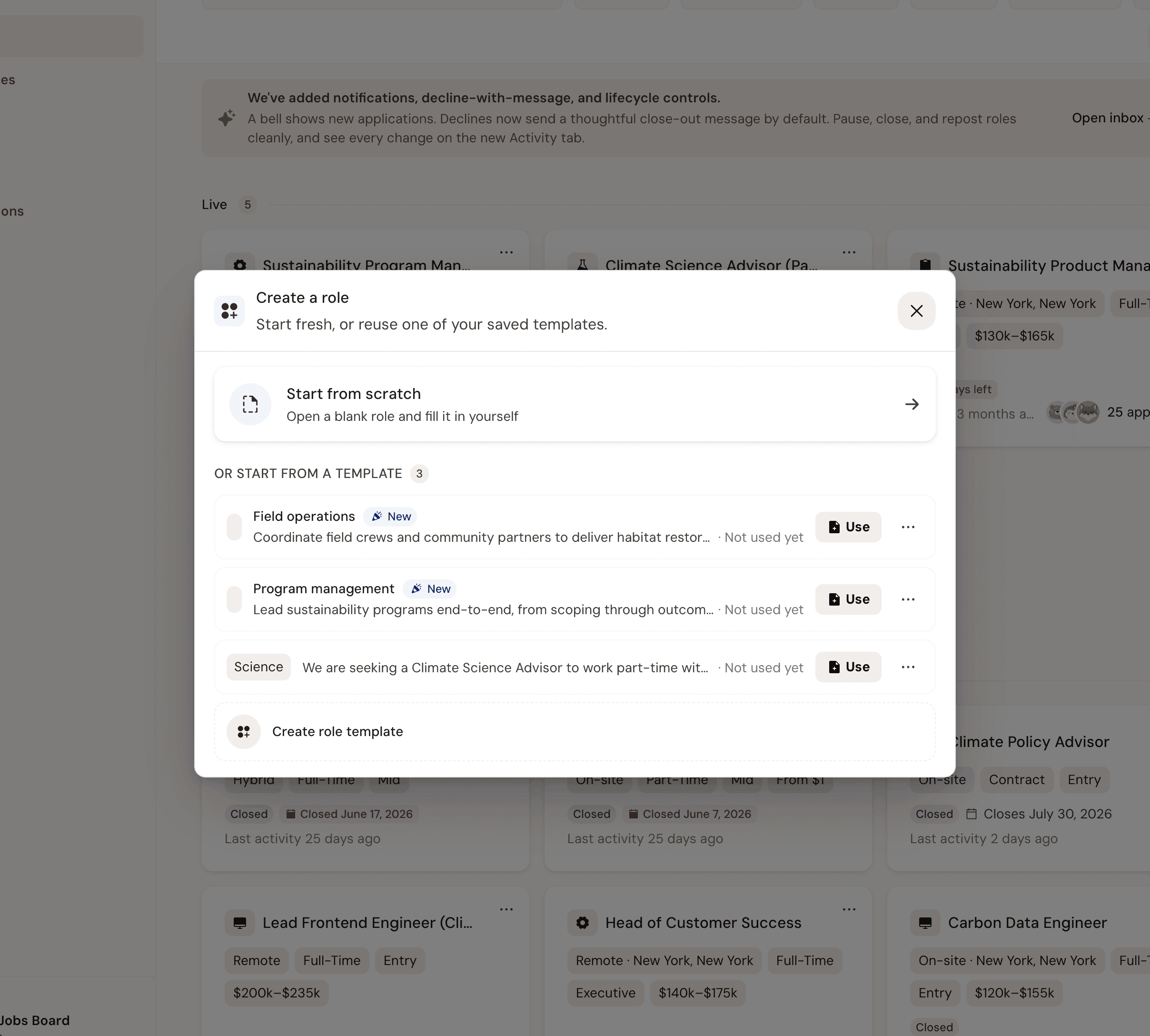 Create-a-role dialog with saved role templates ready to reuse