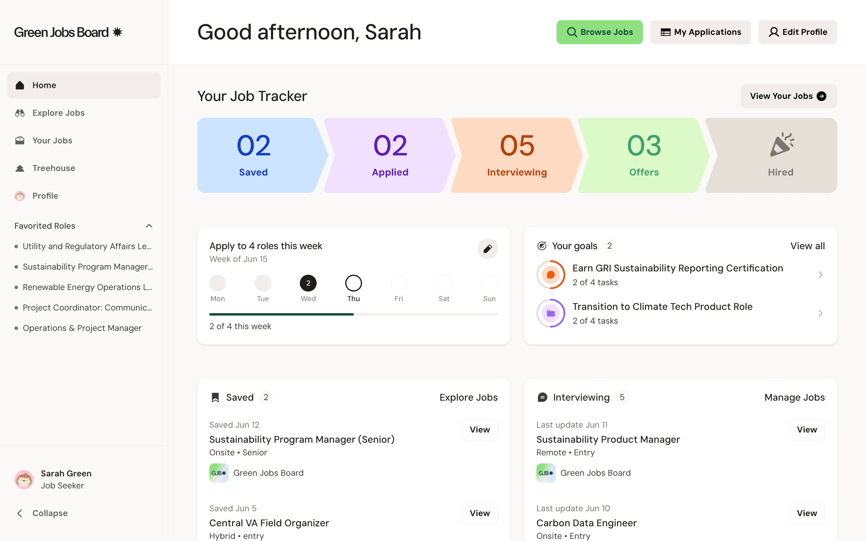 The Green Jobs Board job-seeker home dashboard