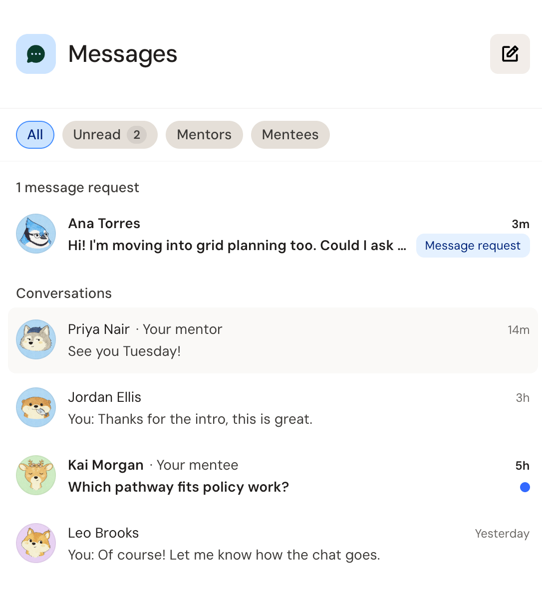 The Messages list: a message request at the top, then conversations with a mentor, another job seeker, and a mentee