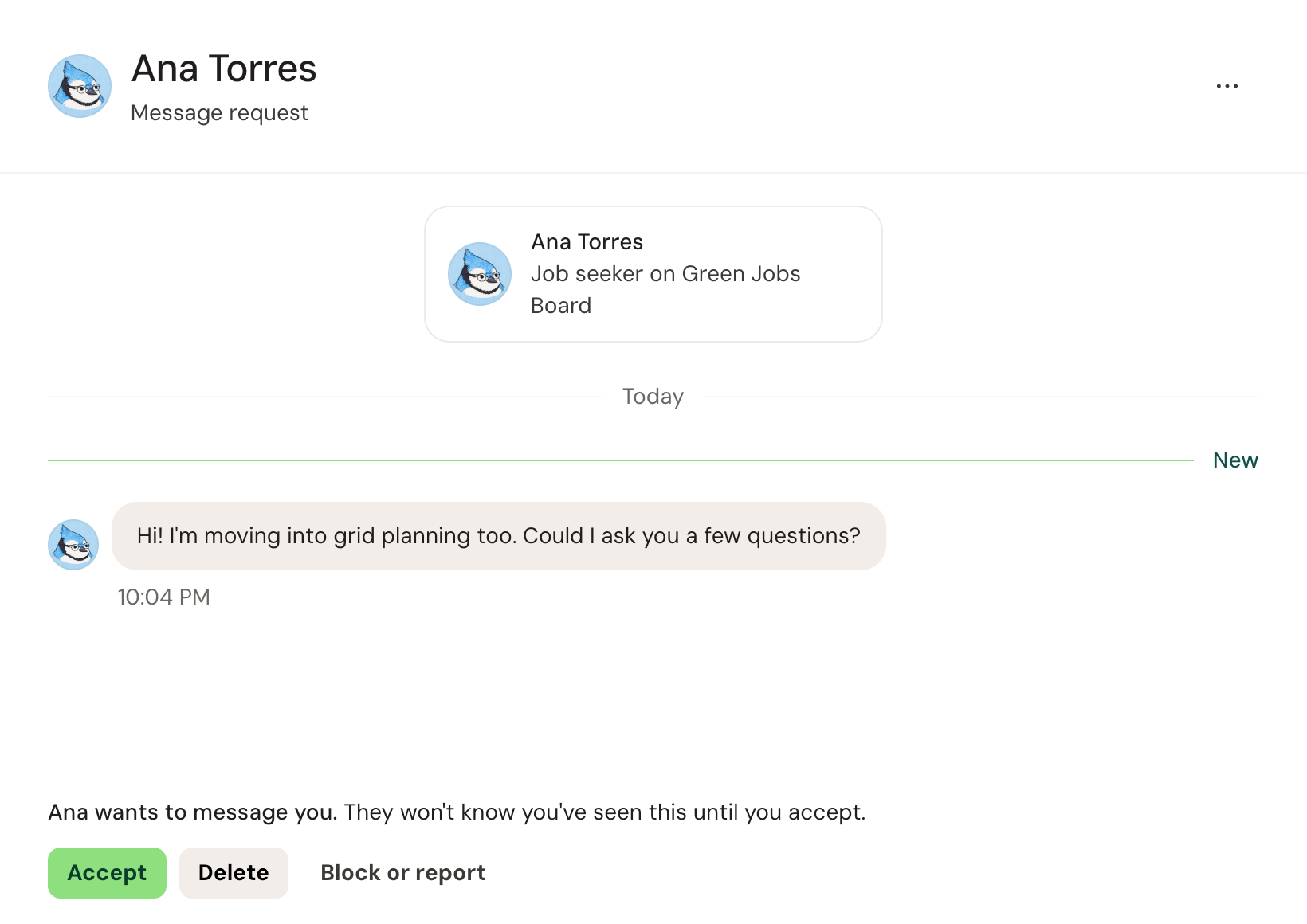 A message request from Ana Torres, with Accept, Delete, and Block or report under her message